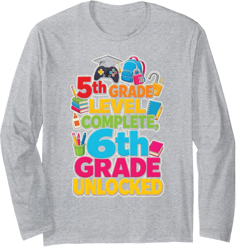 5th Grade Level Complete 6th Unlocked Elementary School Long Sleeve T-Shirt - Adult Unisex Heather Grey