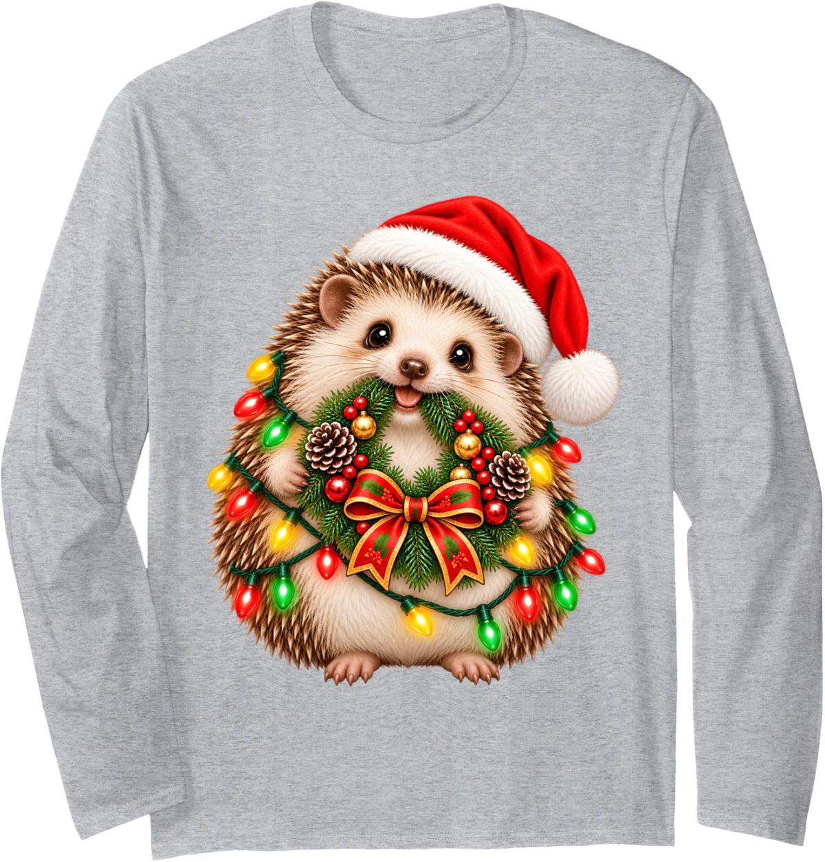 Funny Hedgehog Christmas Wreath Decoration Xmas Pajamas Long Sleeve T-Shirt - Adult Unisex Heather Grey