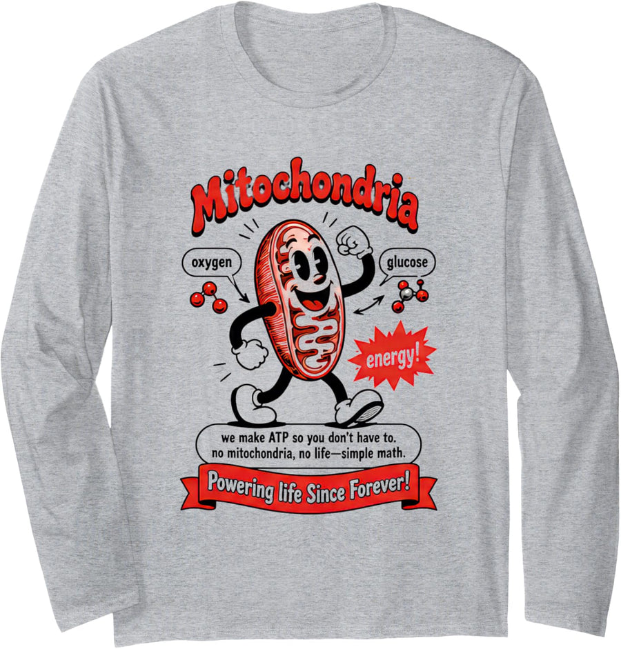 Biologist Tshirt Mitochondria Cell Science Funny Gift Geek Long Sleeve T-Shirt - Adult Unisex Heather Grey