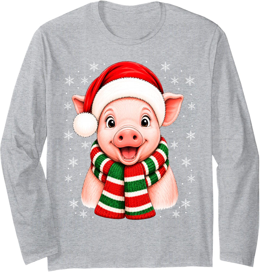 Pig Christmas Santa Hat Scarf Cute Pig Xmas Fun Long Sleeve T-Shirt - Adult Unisex Heather Grey