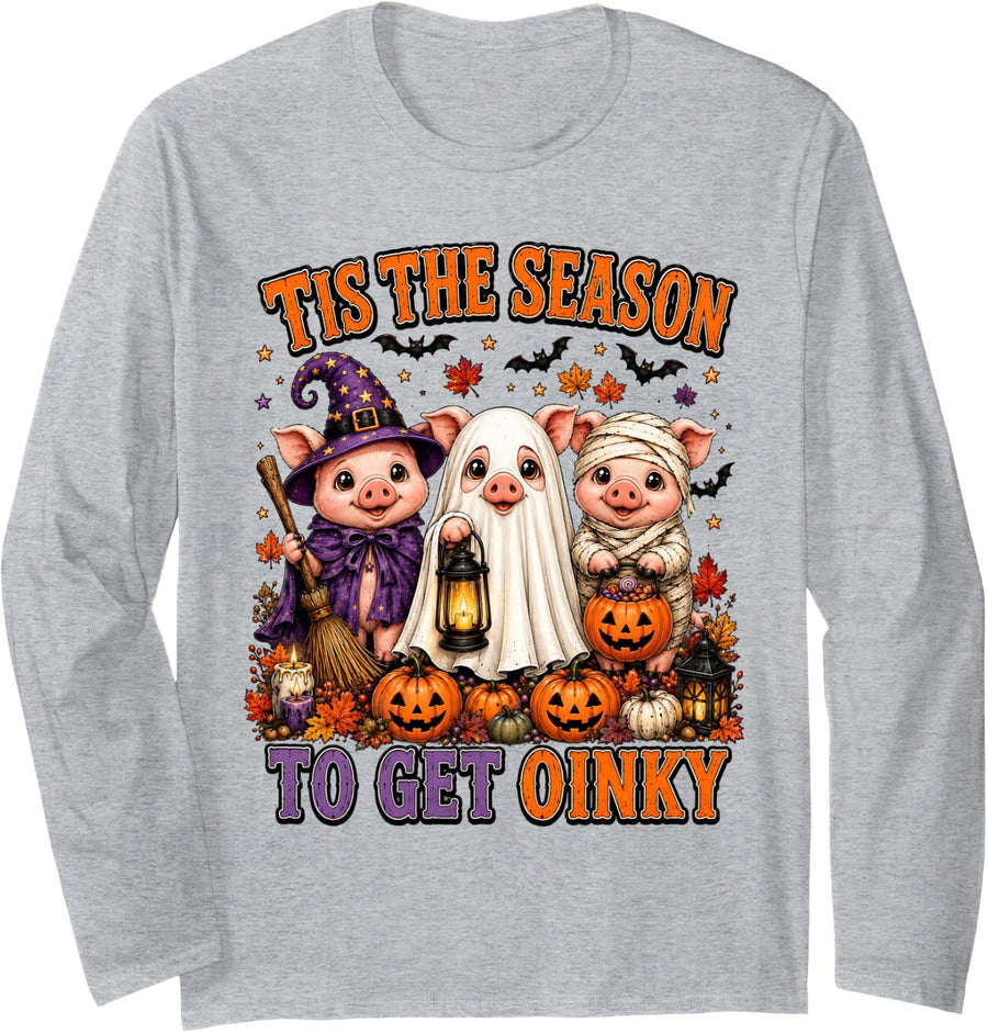 Tis The Season Halloween Pig Witch Ghost Pig Lovers Long Sleeve T-Shirt - Adult Unisex Heather Grey
