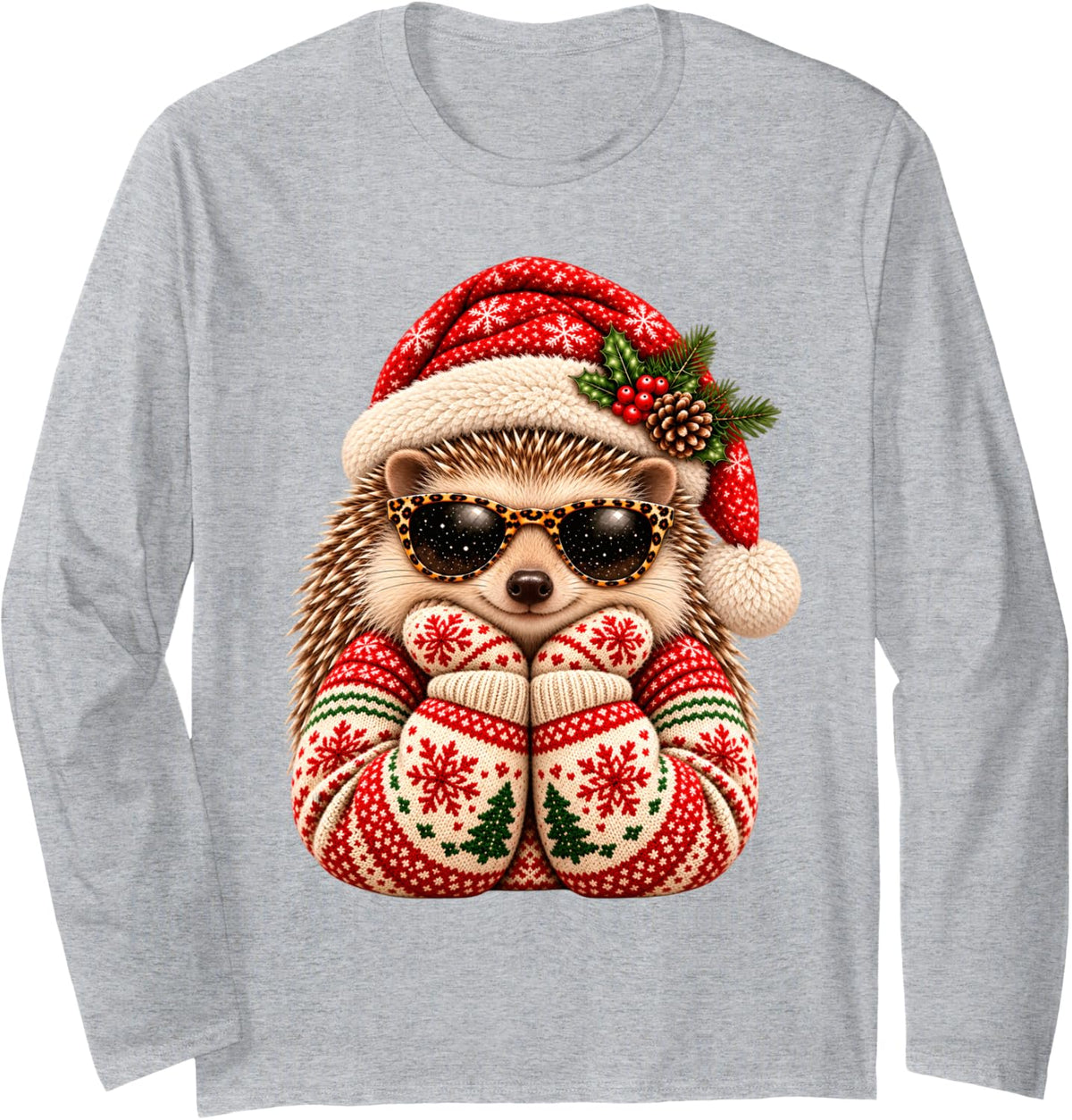 Funny Christmas Hedgehog with Sunglasses and Santa Hat Lover Long Sleeve T-Shirt - Adult Unisex Heather Grey