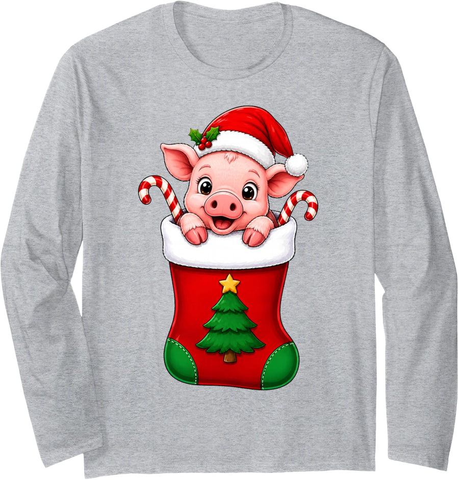 Cute Festive Pig in Christmas Stocking Funny Pig Long Sleeve T-Shirt - Adult Unisex Heather Grey