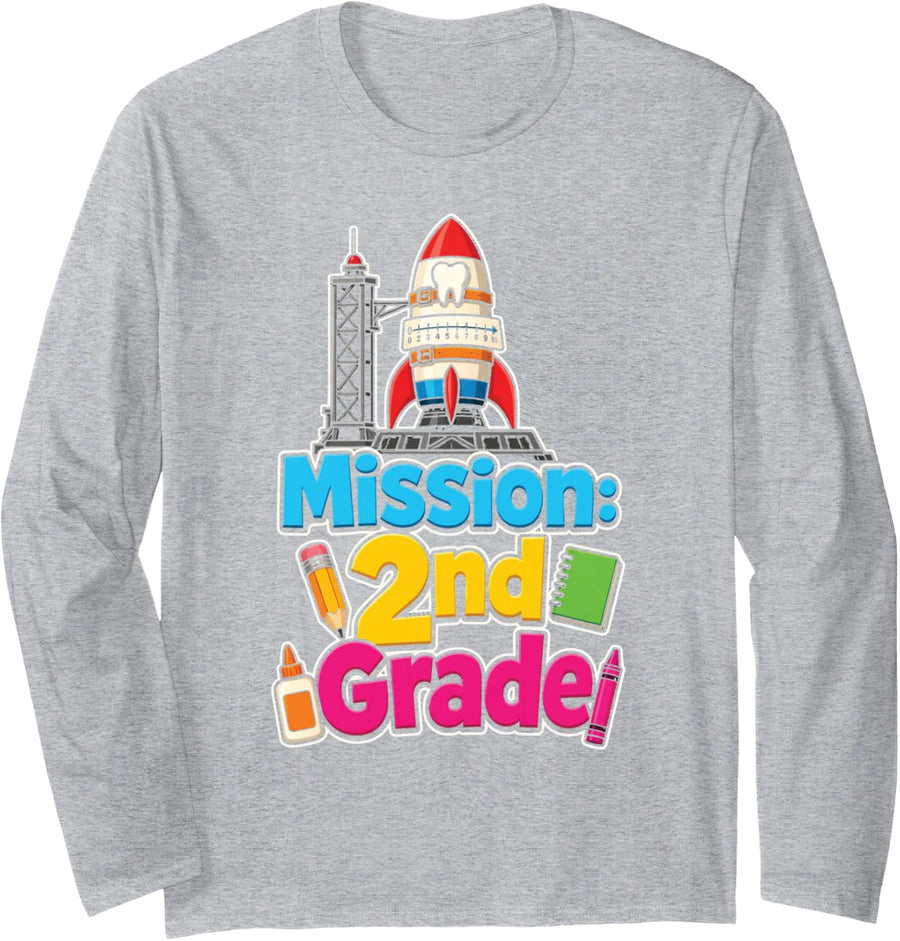 2nd Grade Mission Countdown Rocket Elementary School Long Sleeve T-Shirt - Adult Unisex Heather Grey