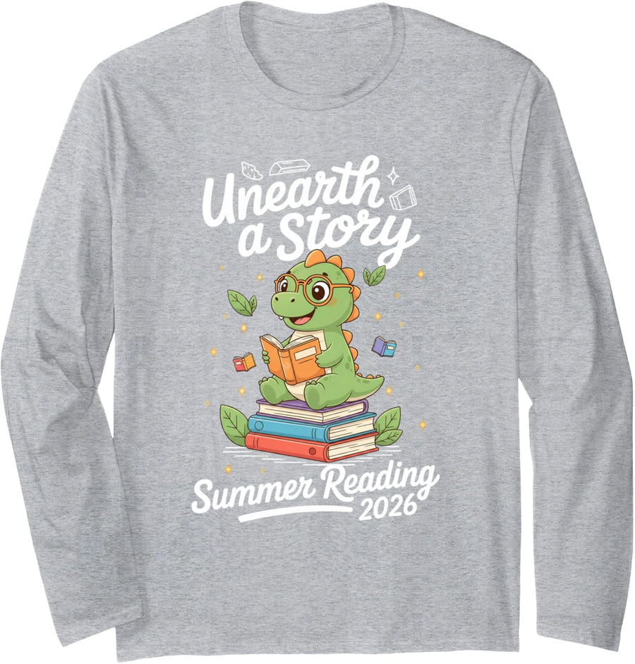 Unearth A Story 2026 Dinosaur Summer Reading Program 2026 Long Sleeve T-Shirt - Adult Unisex Heather Grey