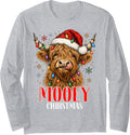 Western Mooey Christmas Santa Highland Cow Farm Animals Xmas Long Sleeve T-Shirt - Adult Unisex Heather Grey
