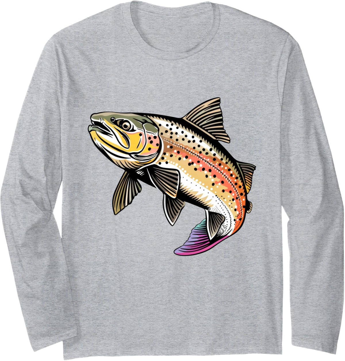 Rainbow Trout Black Outline Long Sleeve T-Shirt - Adult Unisex Heather Grey
