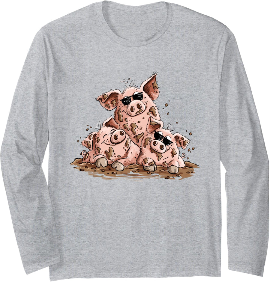 Three Cool Pigs in Mud I Farm Animal Country Humor Pig Long Sleeve T-Shirt - Adult Unisex Heather Grey