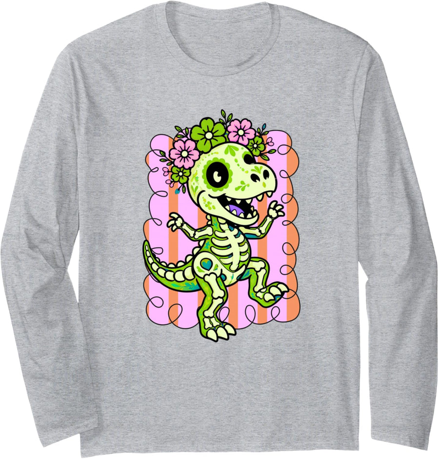 Funny Catrina Dinosaur Dino Lover Halloween Skeleton Girls Long Sleeve T-Shirt - Adult Unisex Heather Grey
