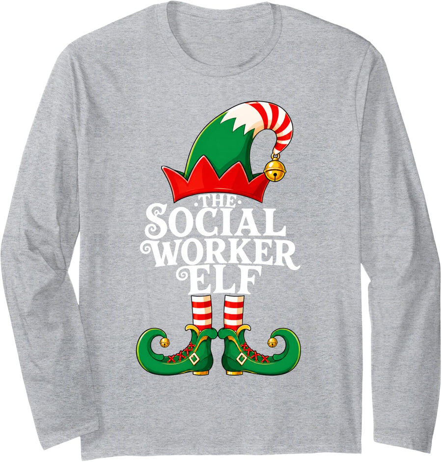 Social Worker Elf Christmas Matching Family Elf Squad Xmas Long Sleeve T-Shirt - Adult Unisex Heather Grey