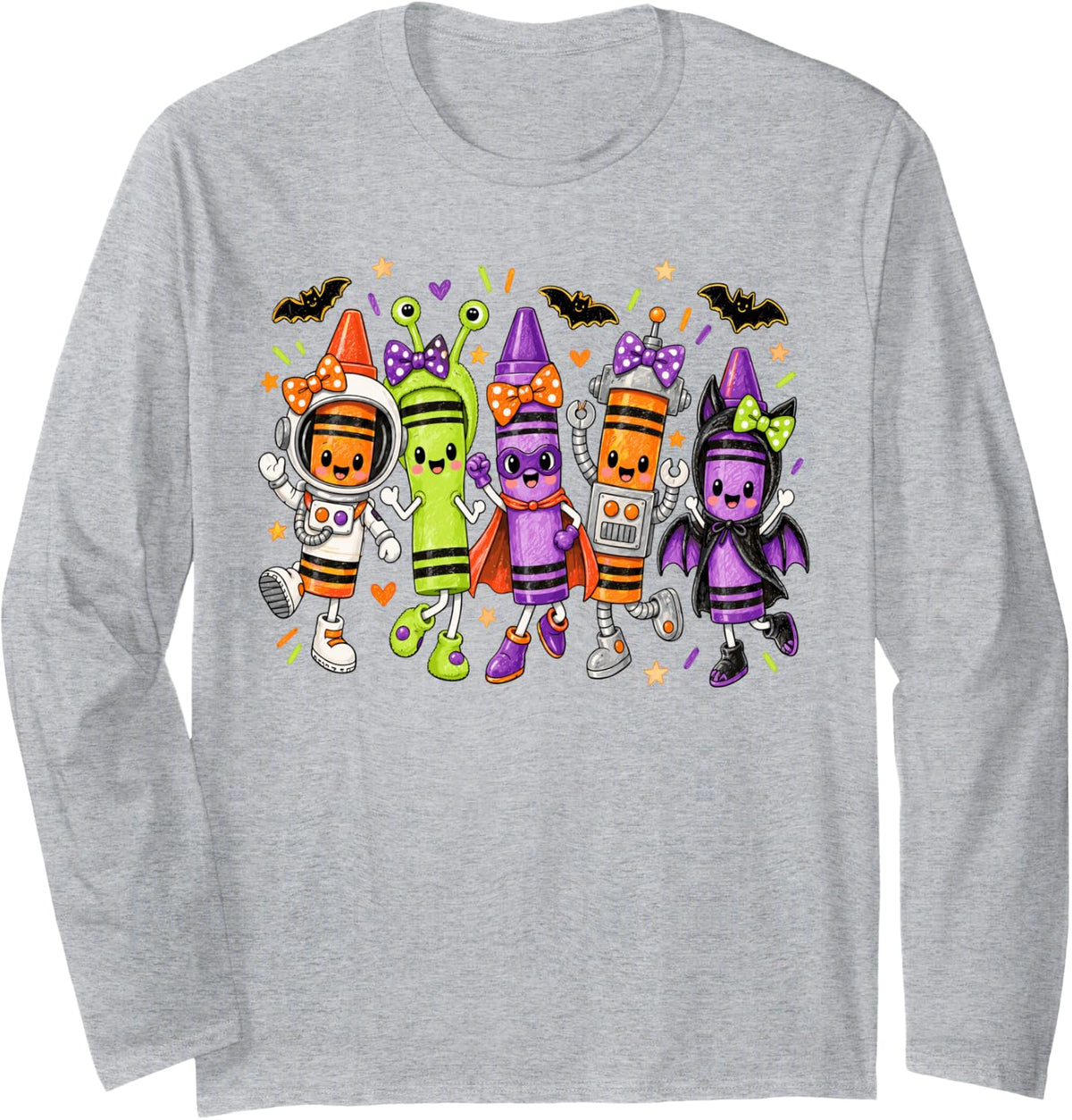 Cute Halloween Crayon Characters for Back to School Teacher Long Sleeve T-Shirt - Adult Unisex Heather Grey