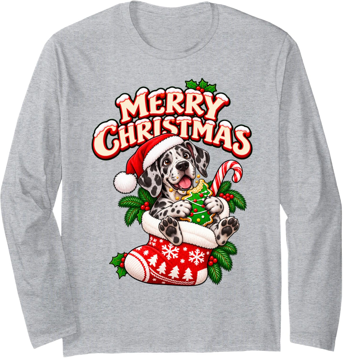 Merry Christmas Happy Great Dane Cute Stocking Funny Long Sleeve T-Shirt - Adult Unisex Heather Grey