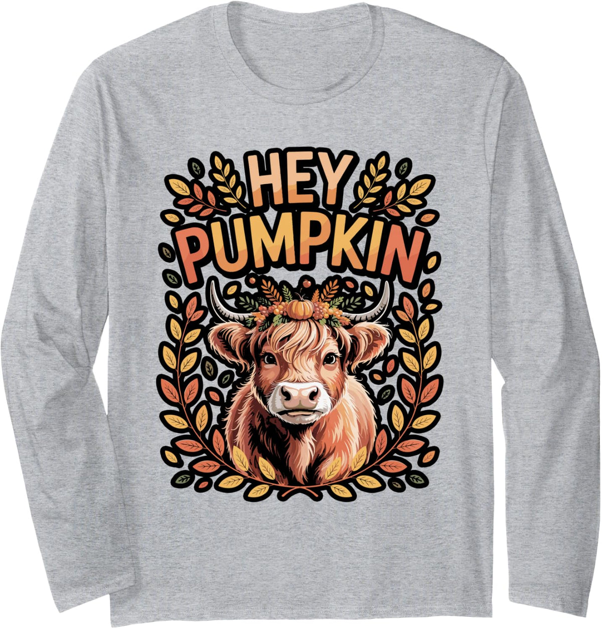 Hey Pumpkin Highland Cow Fall Long Sleeve T-Shirt - Adult Unisex Heather Grey