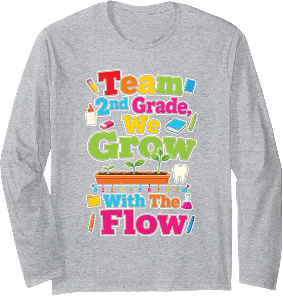 2nd Grade Team We Grow with The Flow School Squad Kids Long Sleeve T-Shirt - Adult Unisex Heather Grey