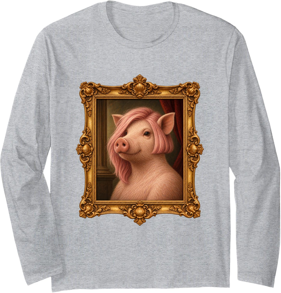 Pig Pink Asymmetrical Bob Funny Animal Portrait Long Sleeve T-Shirt - Adult Unisex Heather Grey