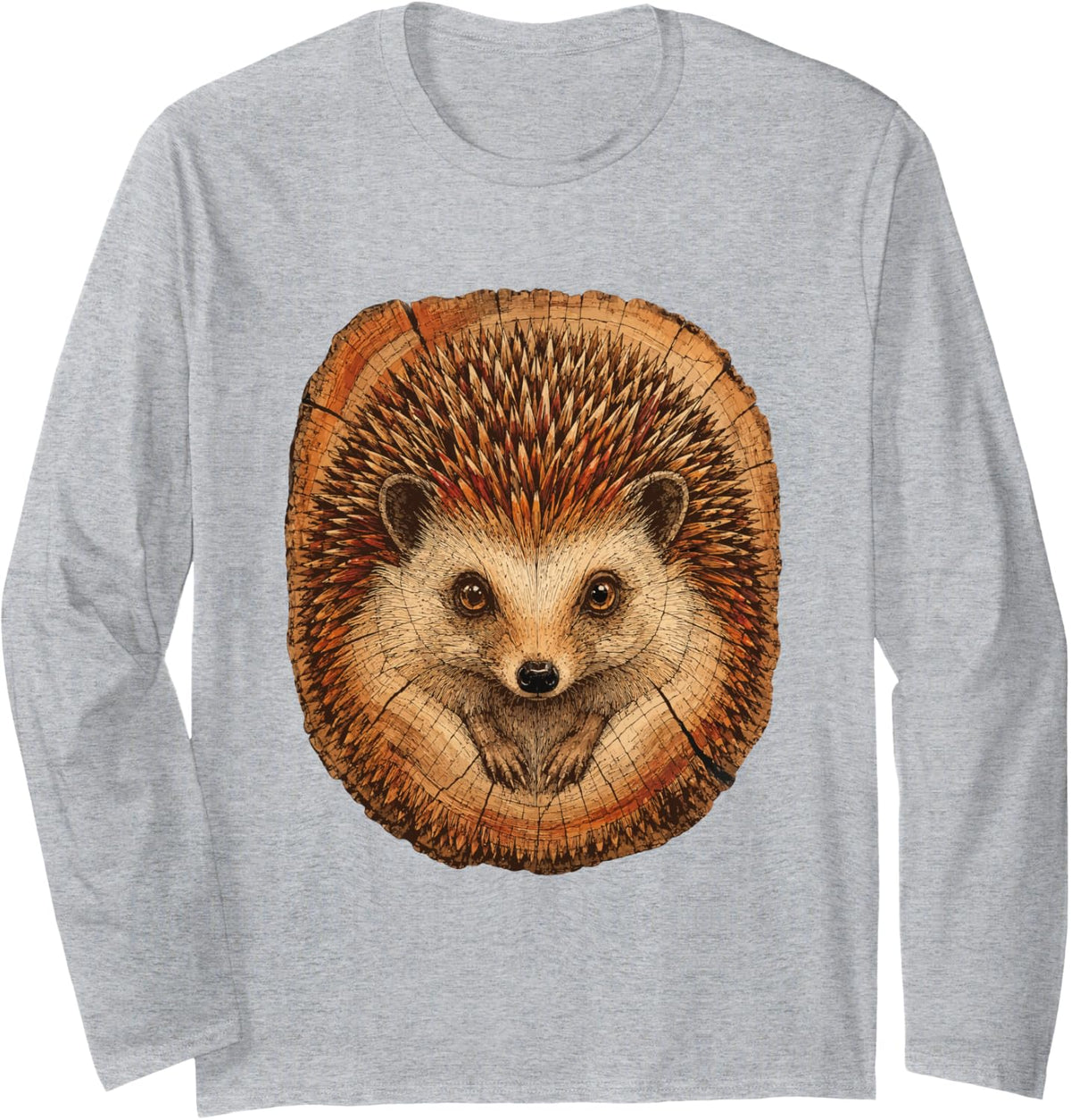 Rustic Hedgehog with Tree Rings Autumn Animal Forest Art Long Sleeve T-Shirt - Adult Unisex Heather Grey