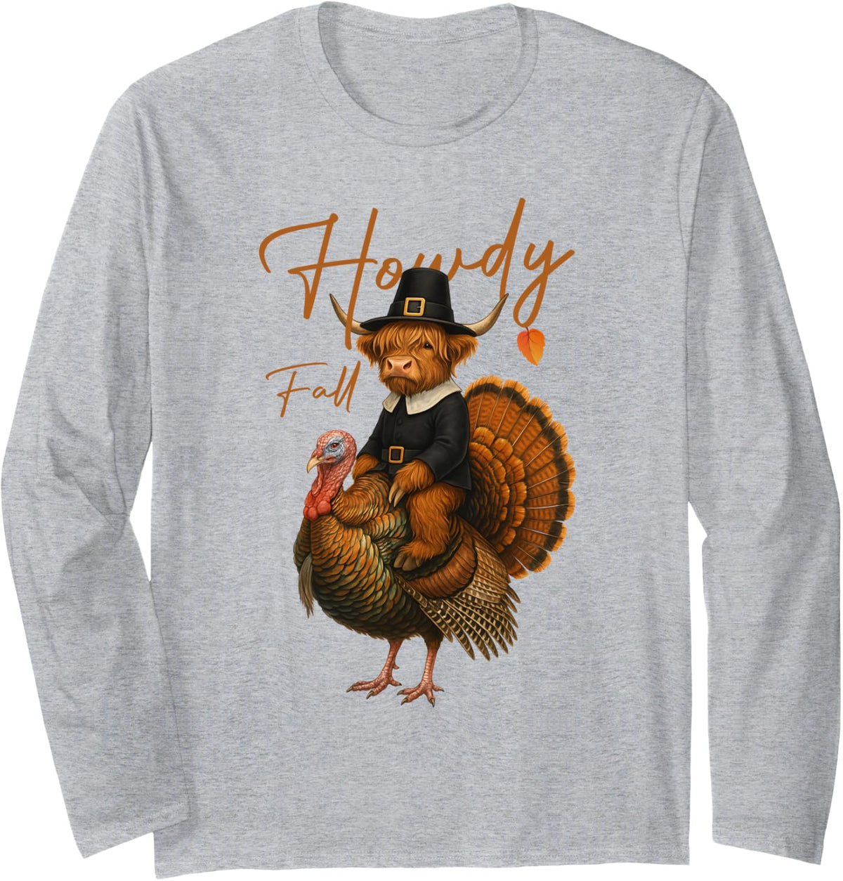 Humor Highland Cow with Turkey Rustic Thanksgiving Fall Fun Long Sleeve T-Shirt - Adult Unisex Heather Grey