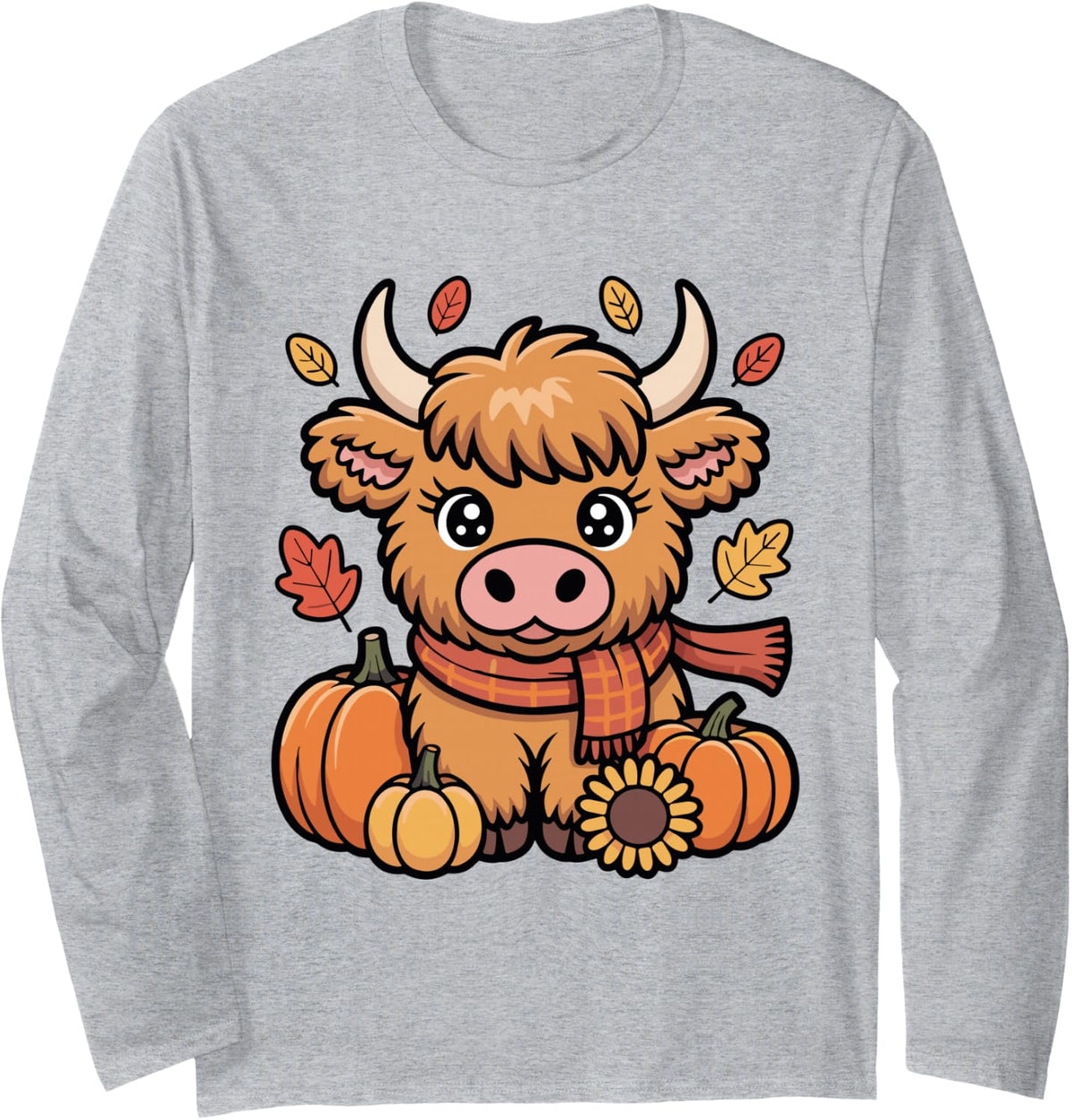Cute Scottish Highland Cow Thanksgiving Pumpkin Fall Vibes Long Sleeve T-Shirt - Adult Unisex Heather Grey
