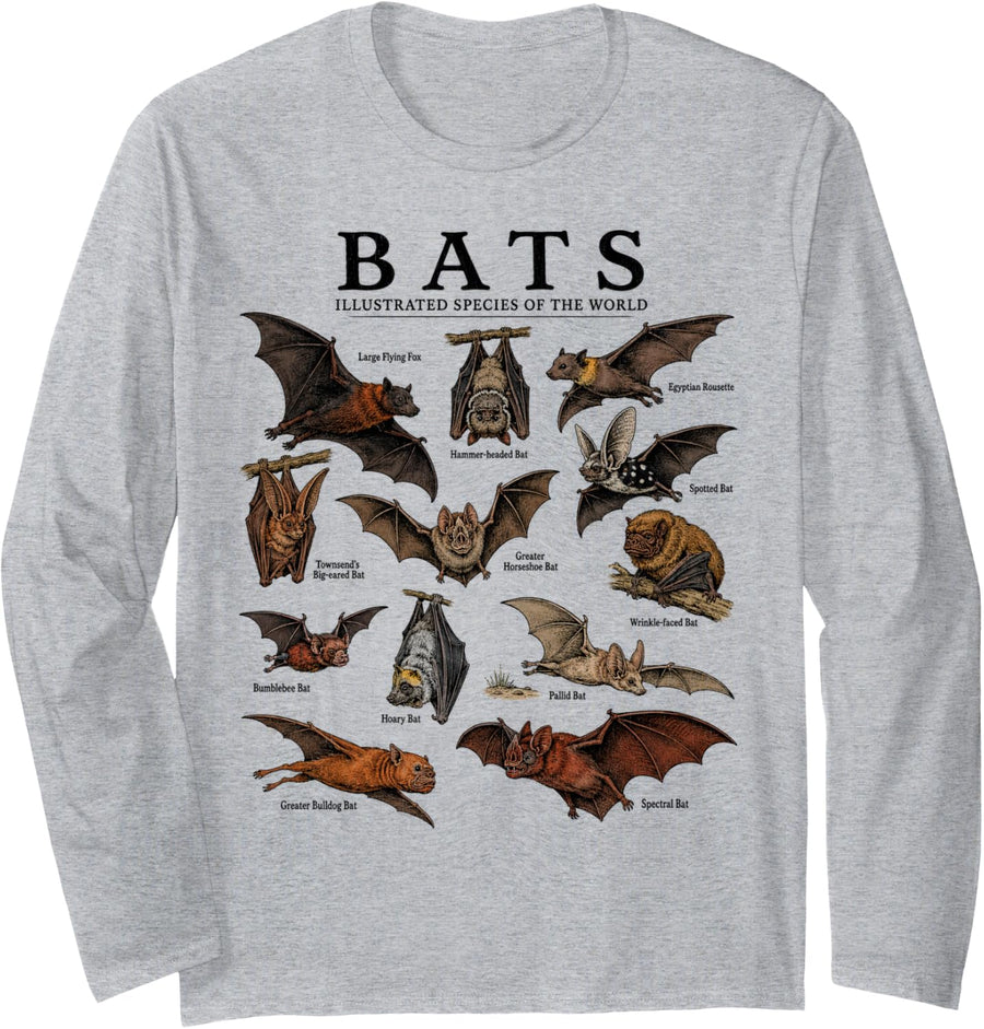 Bats Vintage Species Chart Nocturnal Animal Nature Long Sleeve T-Shirt - Adult Unisex Heather Grey