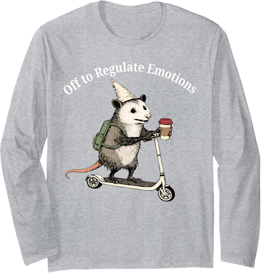 Off to Regulate Emotion Funny Possum Mental Health Counselor Long Sleeve T-Shirt - Adult Unisex Heather Grey