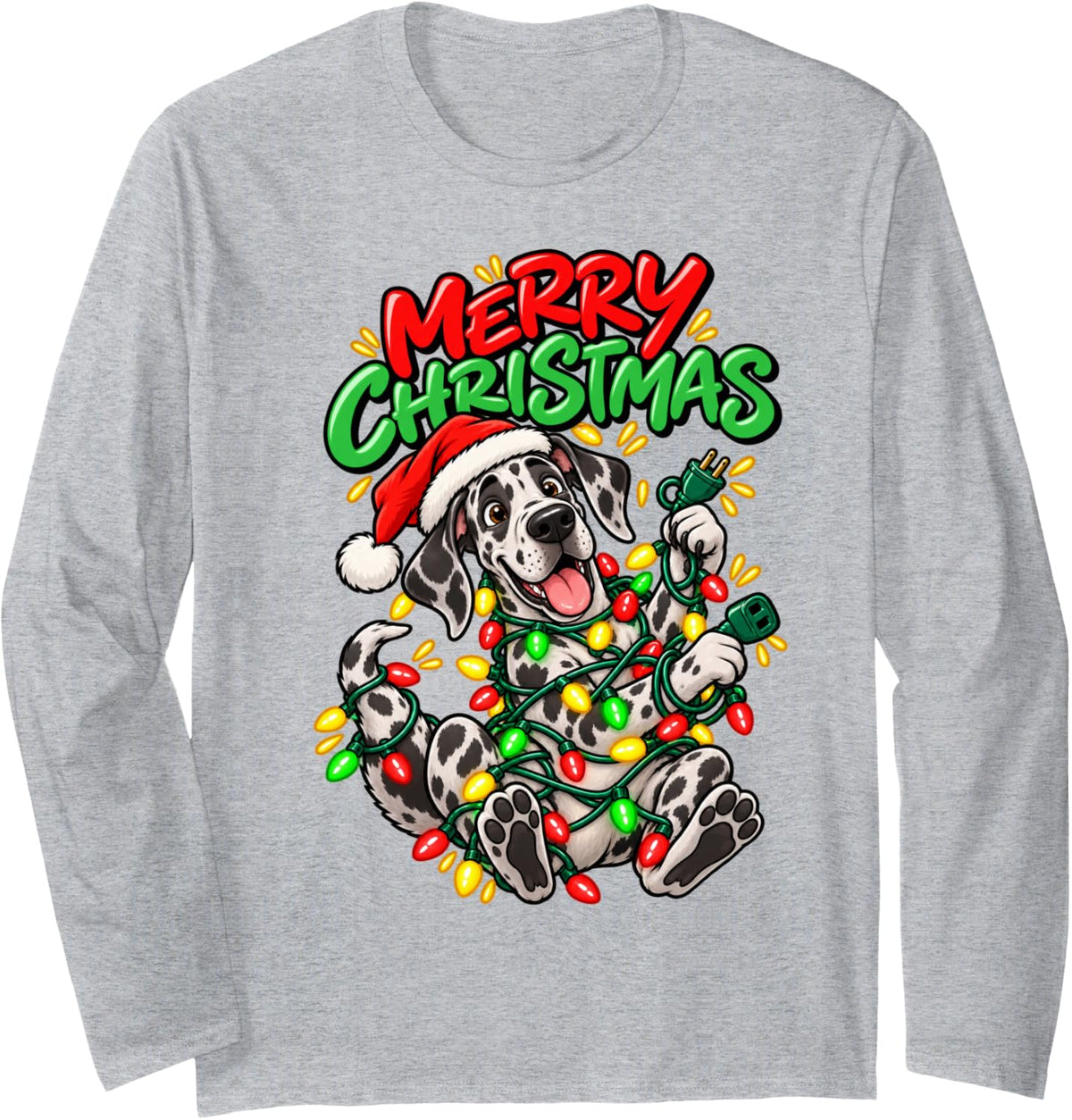 Merry Christmas Happy Great Dane Cute Christmas Lights Long Sleeve T-Shirt - Adult Unisex Heather Grey