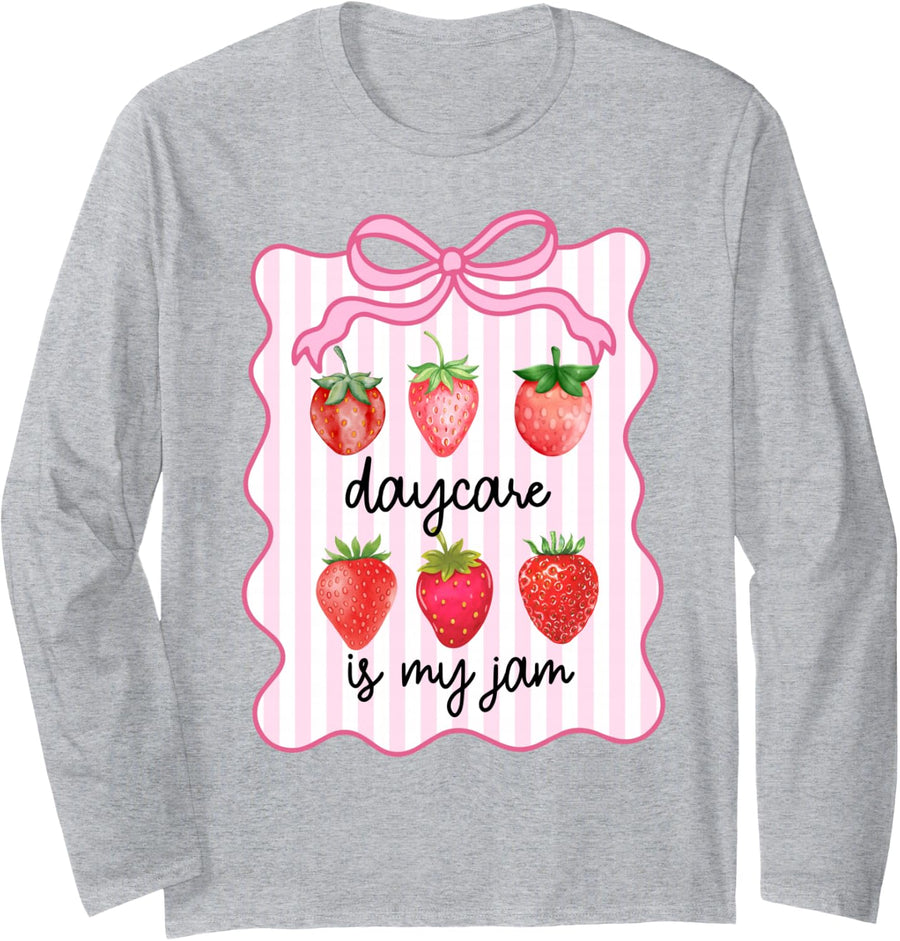 Daycare is My Jam Bow Strawberry First Day of School Long Sleeve T-Shirt - Adult Unisex Heather Grey