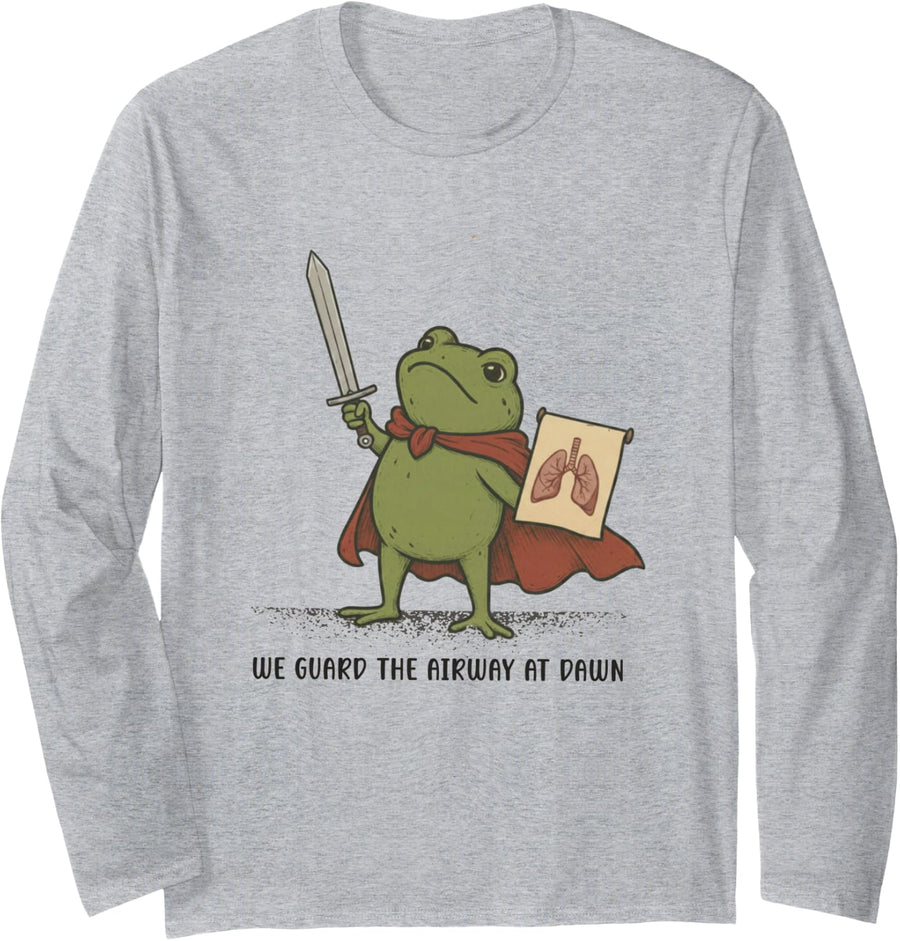 We Guard The Airway At Dawn Funny Frog Respiratory Therapist Long Sleeve T-Shirt - Adult Unisex Heather Grey