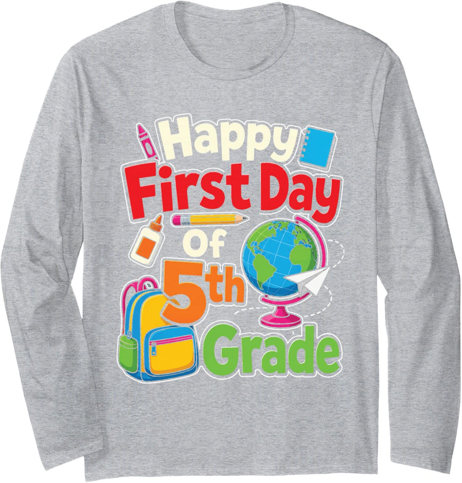 5th Grade Happy First Day of School Globe Boys Girls Long Sleeve T-Shirt - Adult Unisex Heather Grey