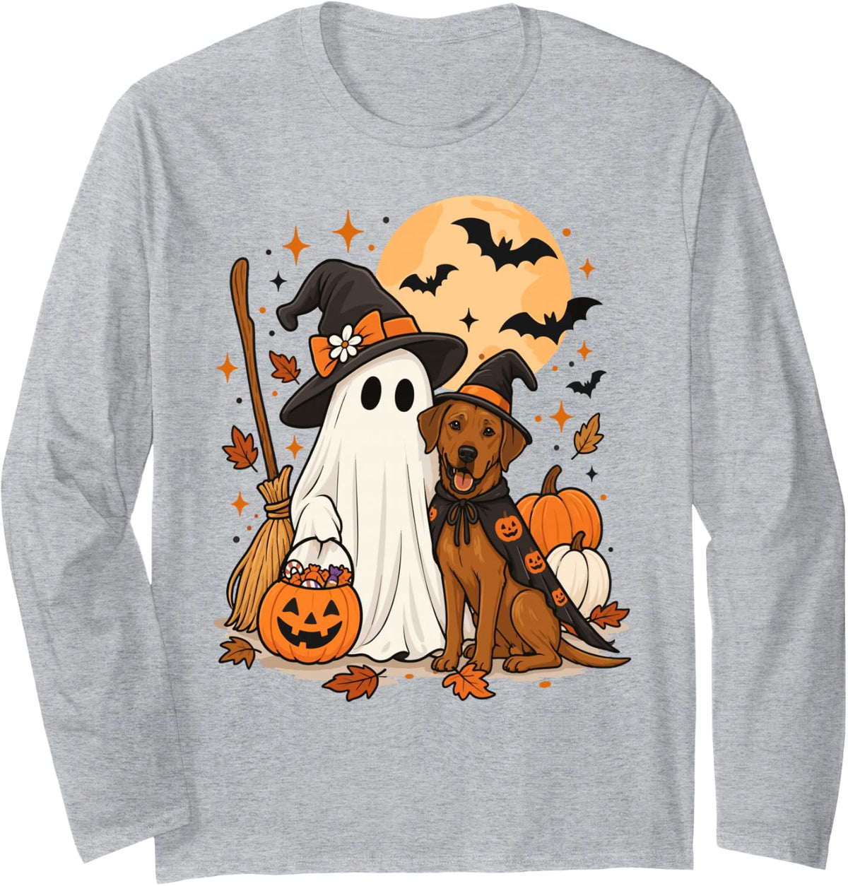 Rhodesian Ridgeback Ghost Dog Witch Hat Halloween Long Sleeve T-Shirt - Adult Unisex Heather Grey