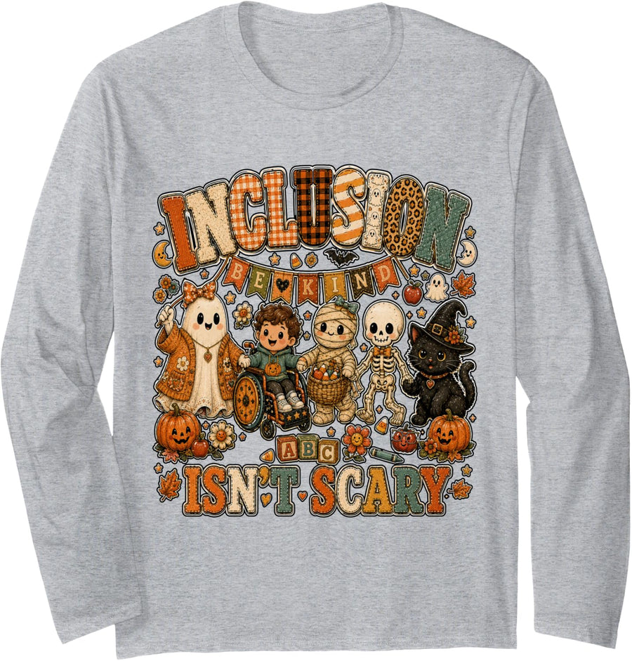 Gifts Idea Inclusion Isnt Scary Classroom Teacher Halloween Long Sleeve T-Shirt - Adult Unisex Heather Grey