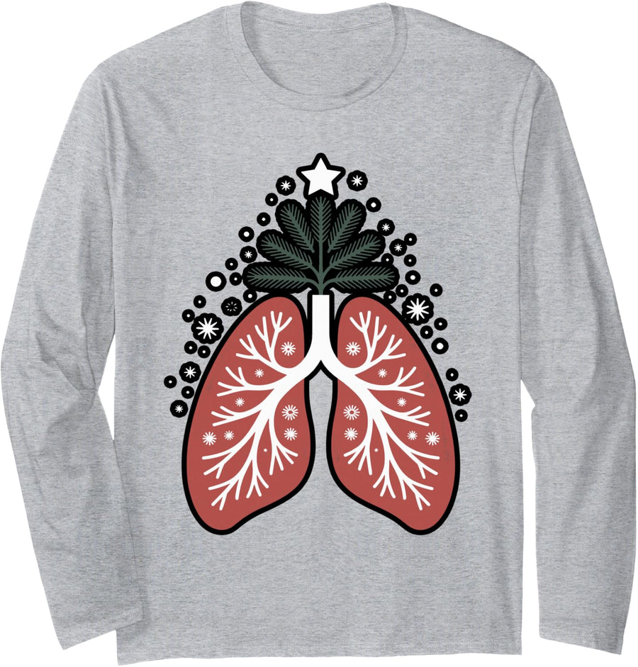 Lung Tree Christmas Respiratory Therapist Humor Long Sleeve T-Shirt - Adult Unisex Heather Grey