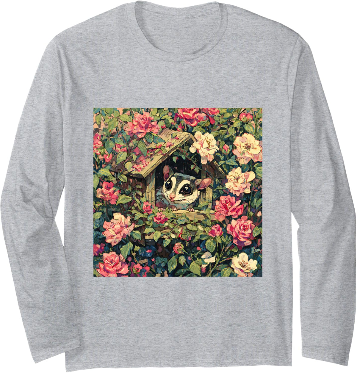 Sugar Glider Birdhouse Roses Flowers Garden Long Sleeve T-Shirt - Adult Unisex Heather Grey