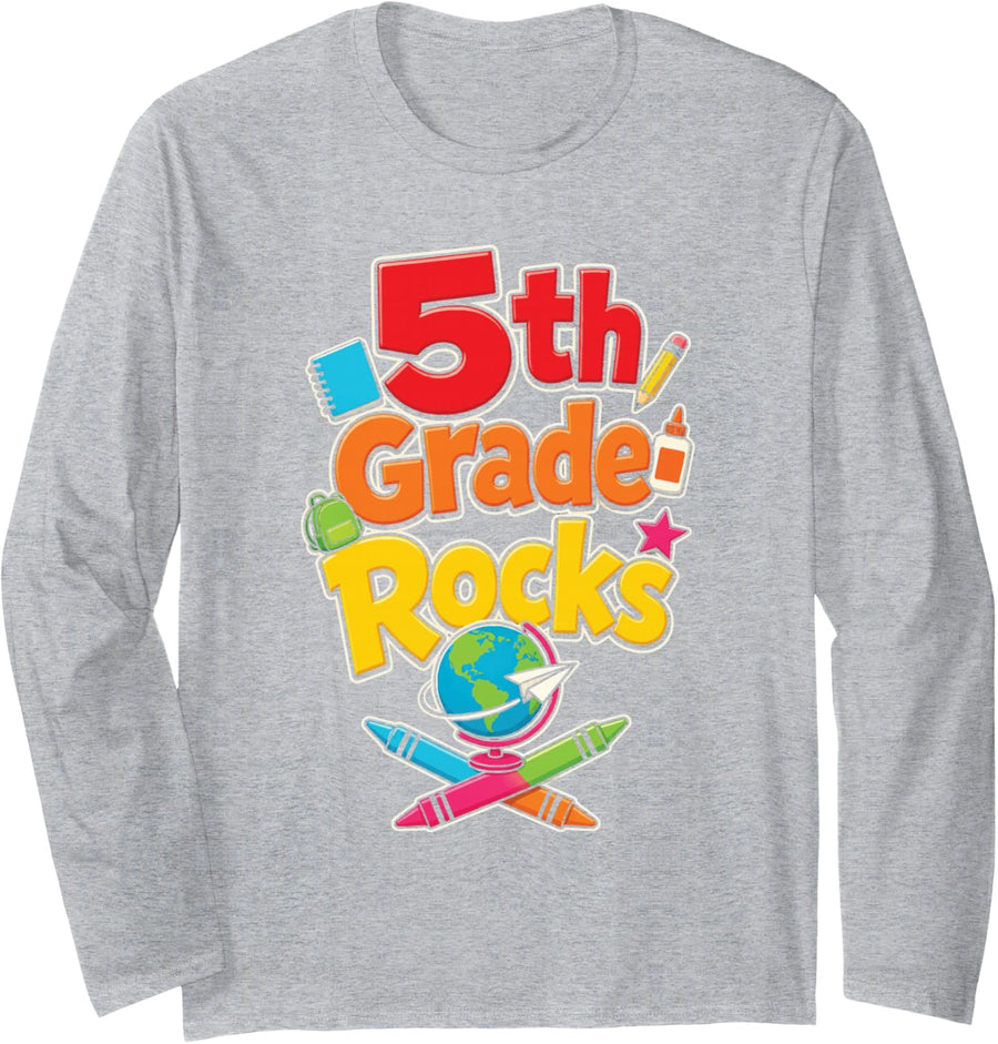 5th Grade Rocks Elementary School Boys Girls Kids Gift Long Sleeve T-Shirt - Adult Unisex Heather Grey
