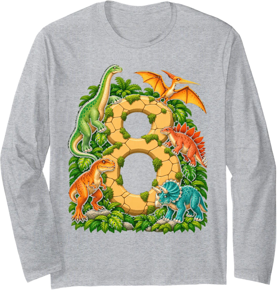 Dinosaur 8th Birthday Party T Rex Number 8 Year Old Jurassic Long Sleeve T-Shirt - Adult Unisex Heather Grey