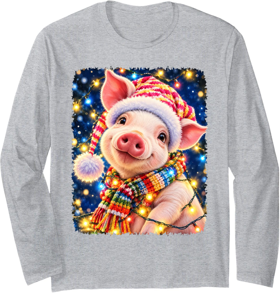 Xmas Holiday Pig Winter Hat & Scarf Christmas Tree Lights Long Sleeve T-Shirt - Adult Unisex Heather Grey