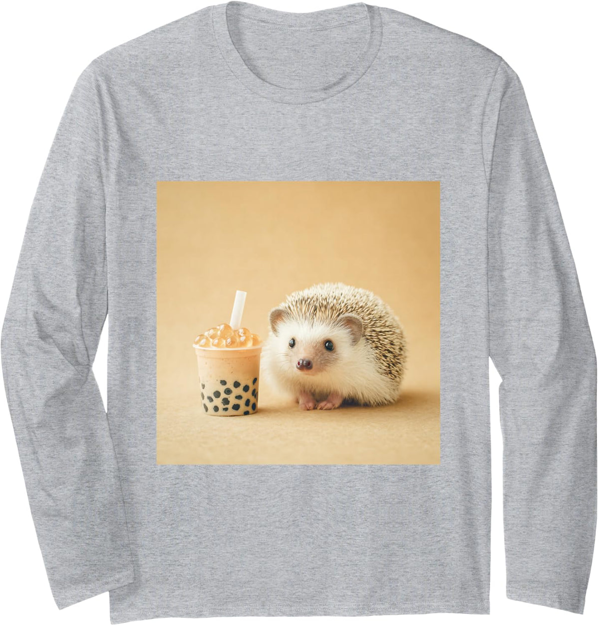 Hedgehog Bubble Tea Pearl Milk Tea Long Sleeve T-Shirt - Adult Unisex Heather Grey