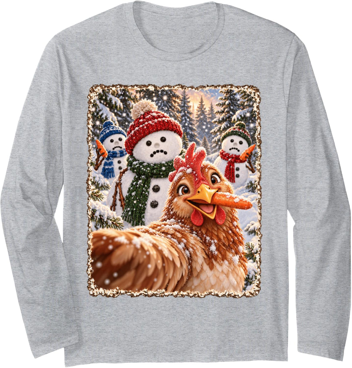 Funny Chicken Joyful Christmas Snowman Selfie Long Sleeve T-Shirt - Adult Unisex Heather Grey