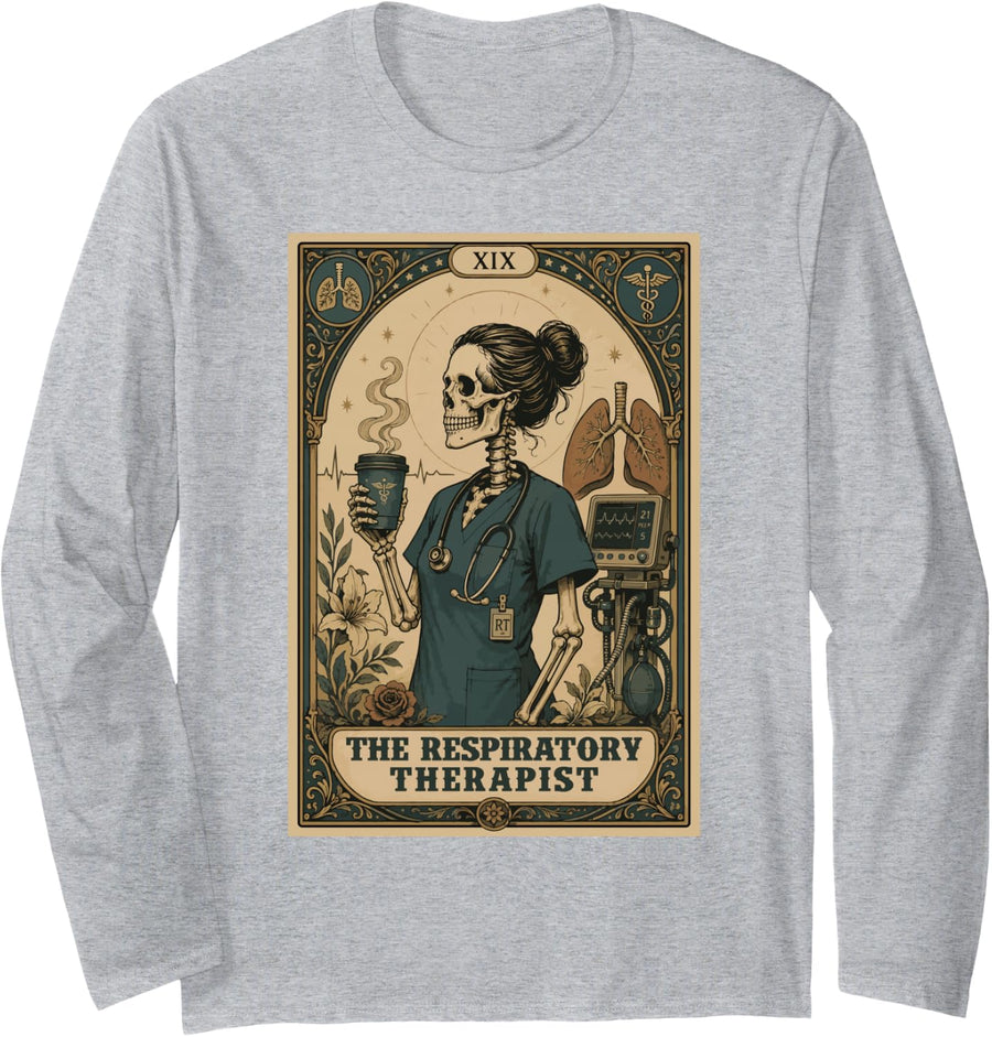 The Respiratory Therapist Tarot Card Skeleton Halloween Day Long Sleeve T-Shirt - Adult Unisex Heather Grey