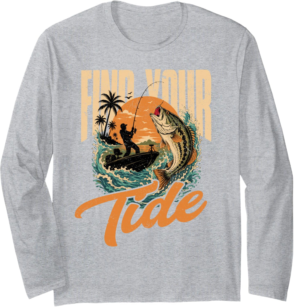 Find Your Tide Bass Fishing Vintage Sunset Angler Boat Long Sleeve T-Shirt - Adult Unisex Heather Grey