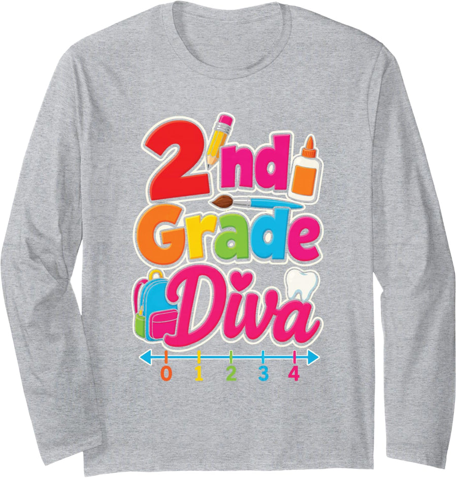2nd Grade Diva Second Grader First Day Elementary School Long Sleeve T-Shirt - Adult Unisex Heather Grey