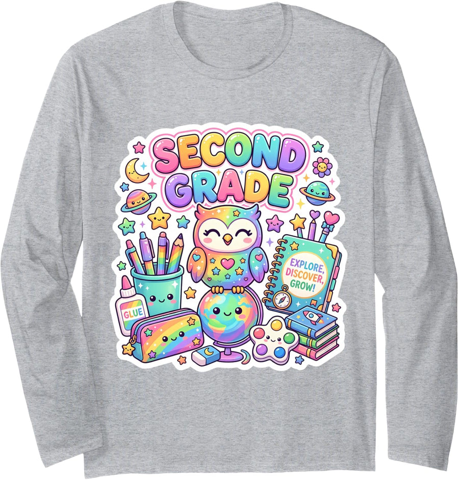 Cute Owl 2nd Second Grade Back to School Girl Teacher Bird Long Sleeve T-Shirt - Adult Unisex Heather Grey