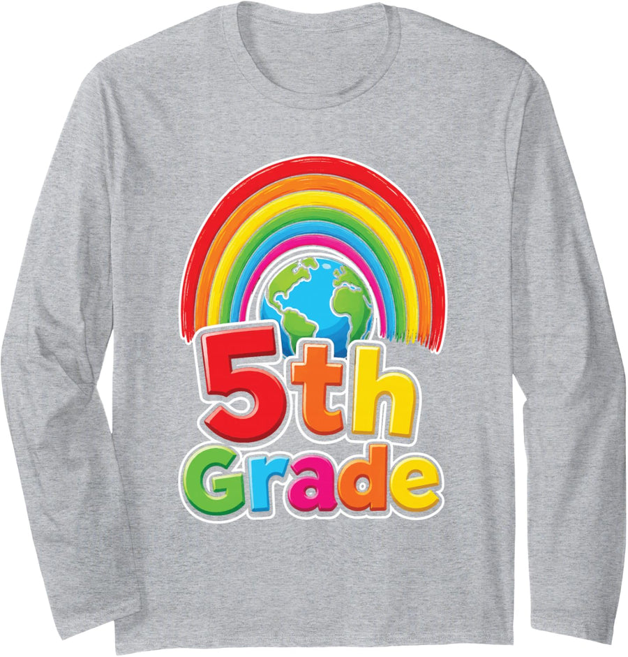 5th Grade Rainbow Globe Kids First Day Elementary School Long Sleeve T-Shirt - Adult Unisex Heather Grey