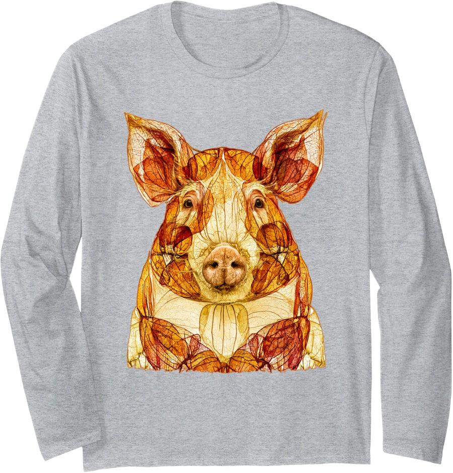 Fall Pig with Autumn Leaves Collage Farm Animal Art Long Sleeve T-Shirt - Adult Unisex Heather Grey