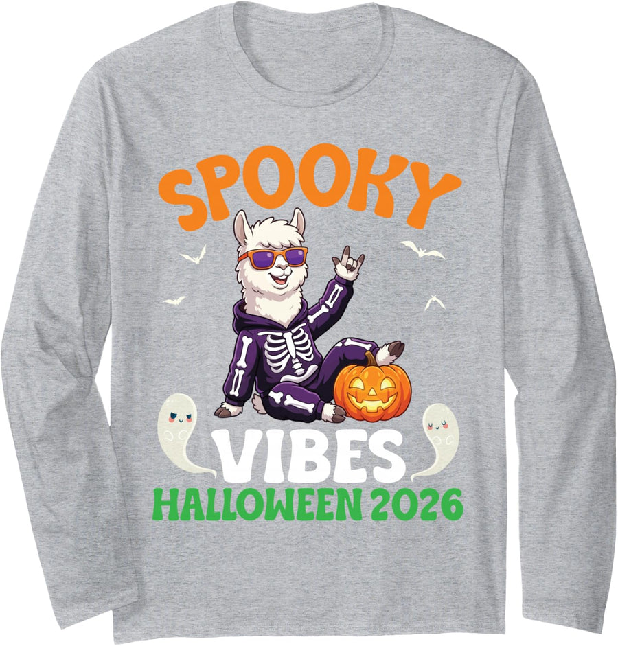 Spooky Vibes Halloween 2026 Rocking Alpaca Skeleton Pumpkins Long Sleeve T-Shirt - Adult Unisex Heather Grey