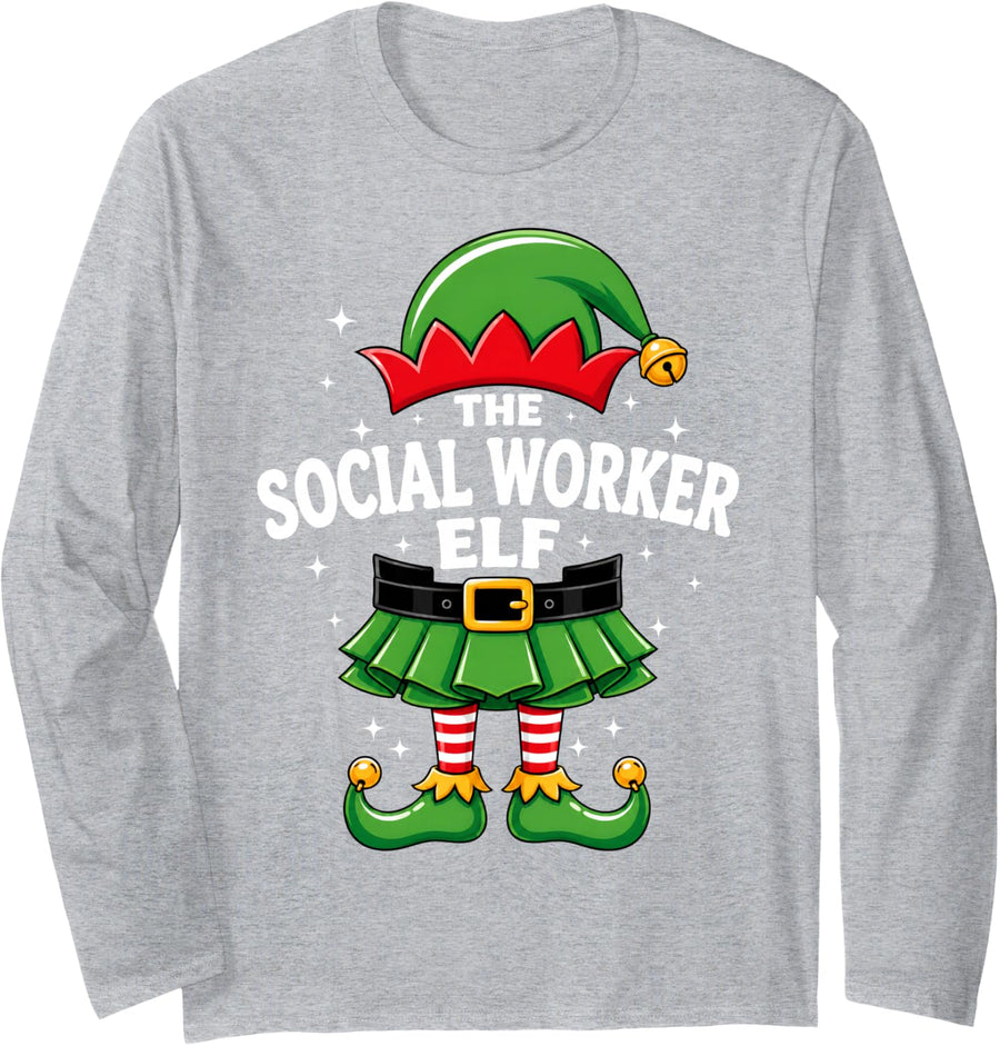 Social Worker Elf Christmas Matching Family Xmas Elf Costume Long Sleeve T-Shirt - Adult Unisex Heather Grey