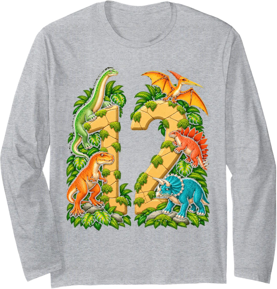 Dinosaur 12th Birthday Party TRex Number 12 YearOld Jurassic Long Sleeve T-Shirt - Adult Unisex Heather Grey
