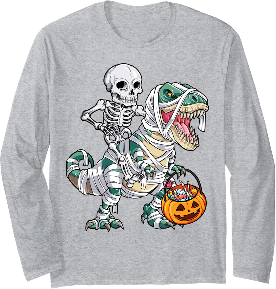 Skeleton Riding Mummy Dinosaur T rex Halloween Kids Boys Men Long Sleeve T-Shirt - Adult Unisex Heather Grey