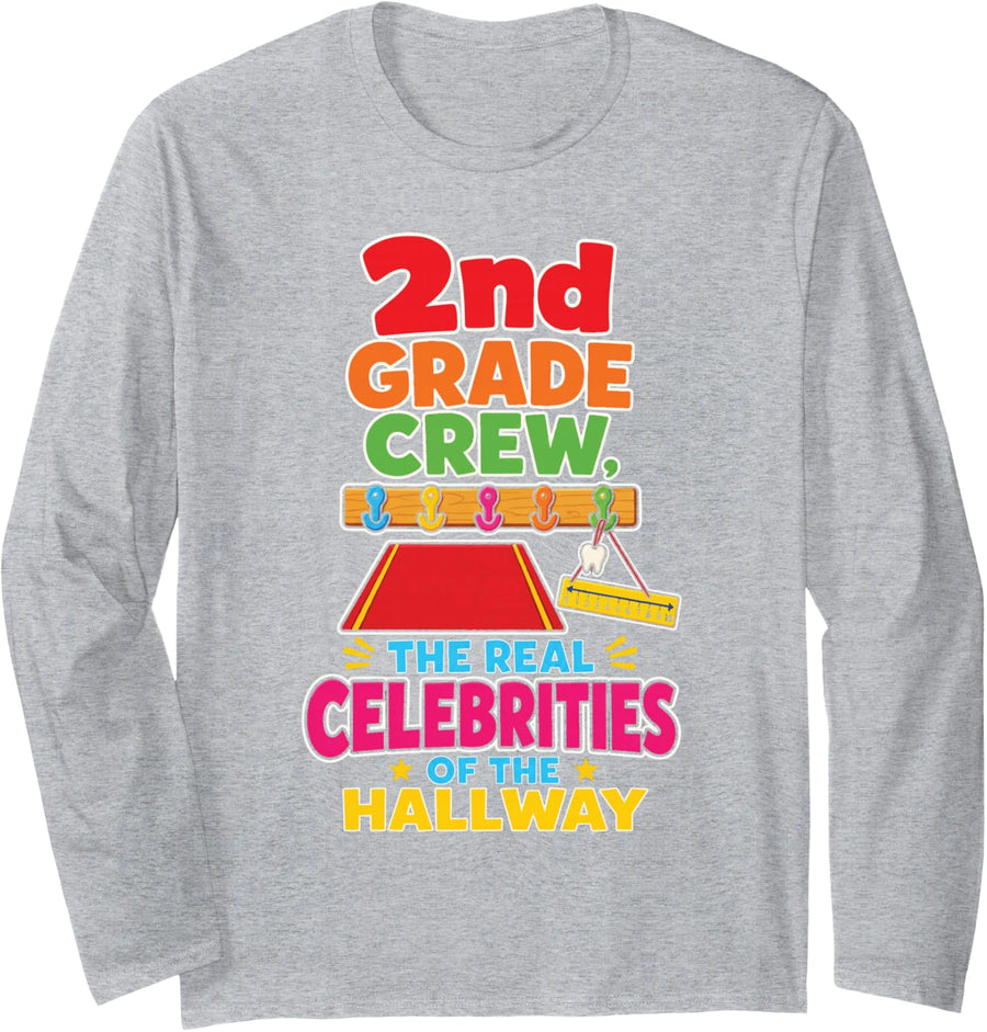 2nd Grade Crew The Real Celebrities of The Hallway Kids Long Sleeve T-Shirt - Adult Unisex Heather Grey