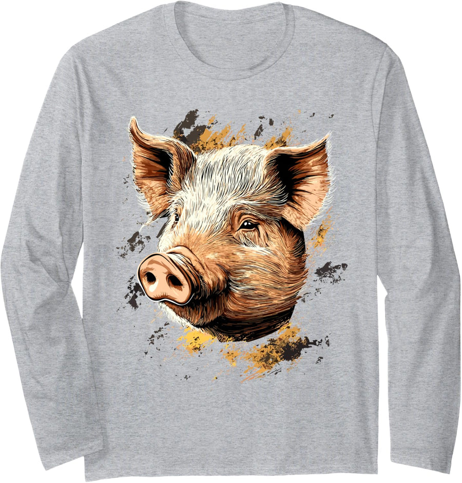 Pig Sow I Love Domestic Pigs Farm Little Cute Piggy Long Sleeve T-Shirt - Adult Unisex Heather Grey