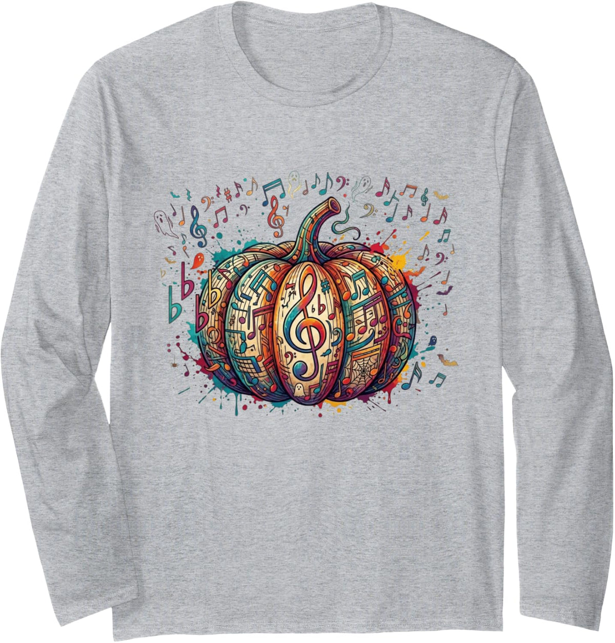 Pumpkin Music Notes Halloween Music Teacher Musicians Long Sleeve T-Shirt - Adult Unisex Heather Grey